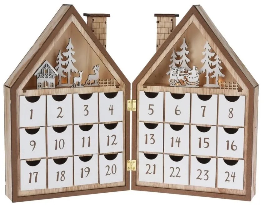 LED Drevený adventný kalendár Vianočný dom, 8x LED, 19 cm, 2x AAA