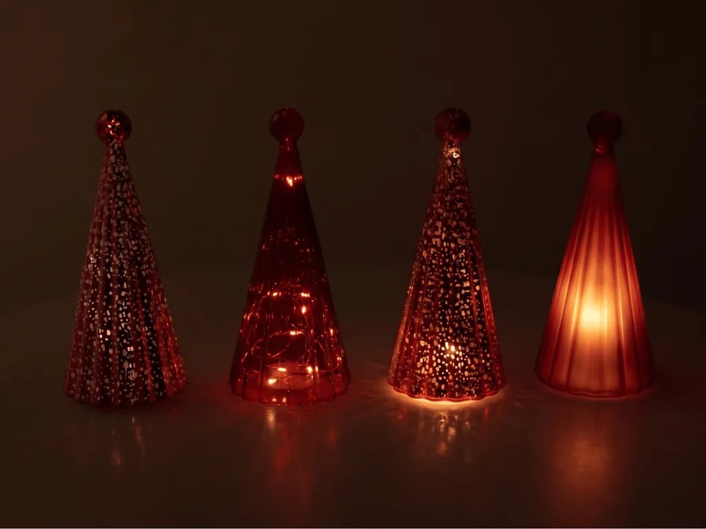 Sklenený svietiaci stromček TWINKLE s LED osvetlením 22 cm, červené odtiene
