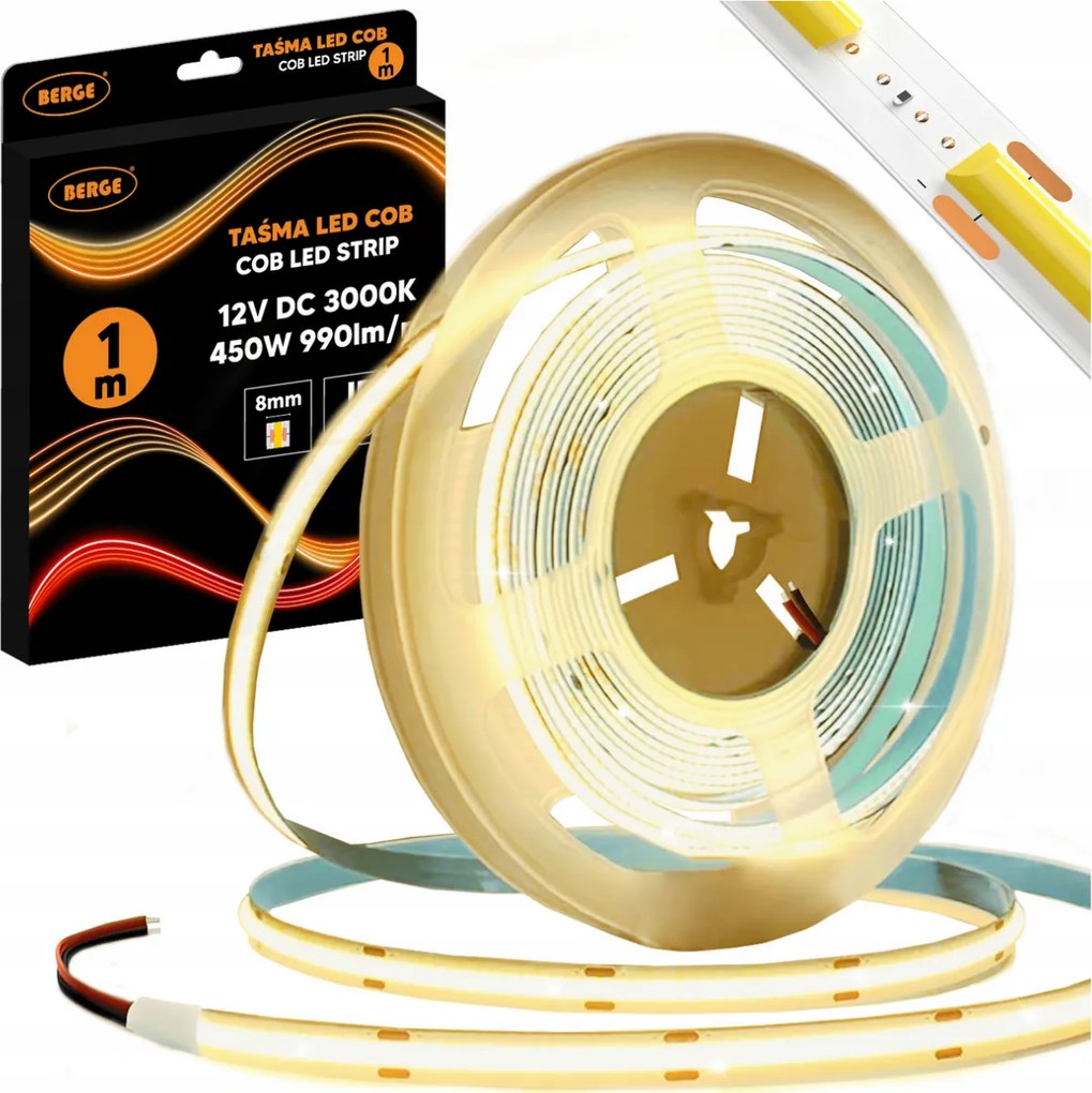 BERGE LED pásik COB Neon 12V - 480D - 9W/m - IP20 - 1m - 990lm - teplá farba