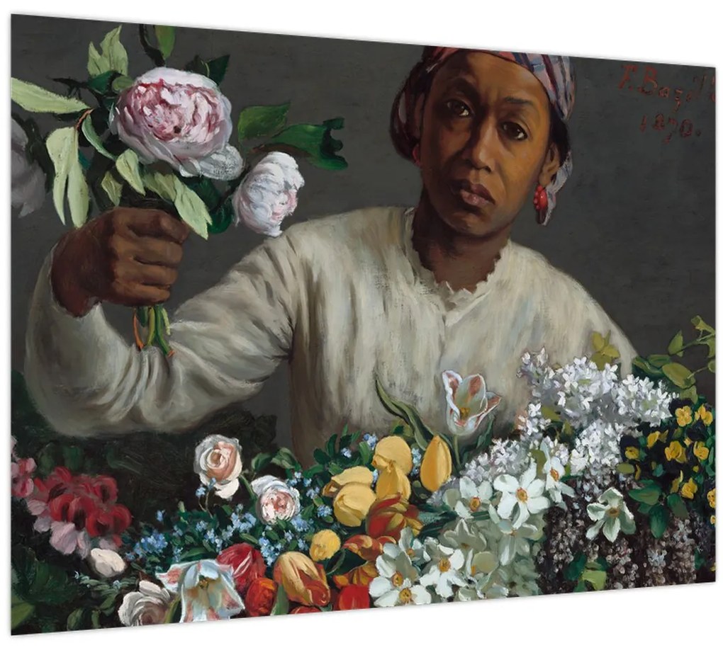 Sklenený obraz - Frédéric Bazille, Young Woman with Peonies, reprodukcia (70x50 cm)