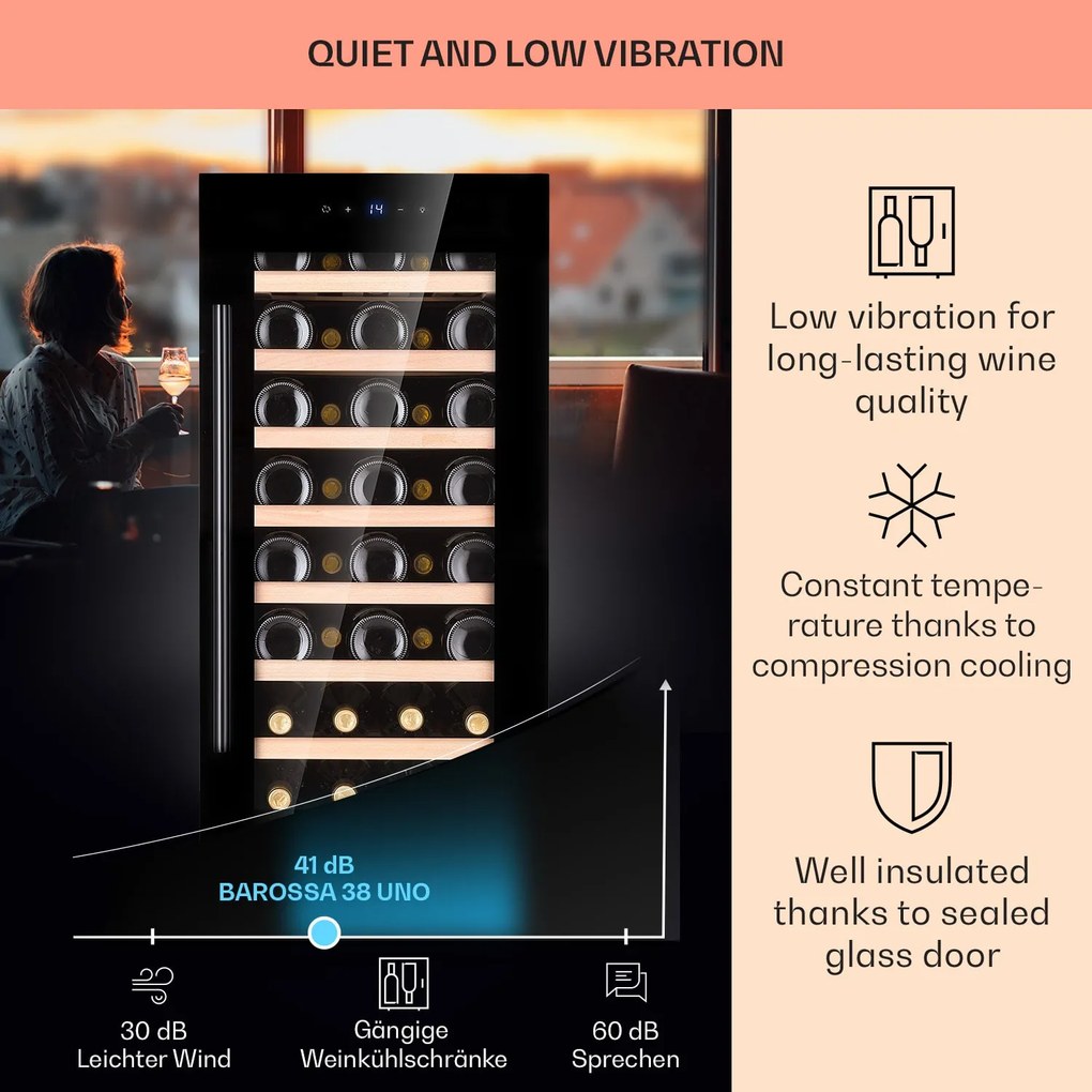 Klarstein Barossa 38 Uno, vinotéka, 94 l, 38 fliaš, 1 zóna, dotykový displej