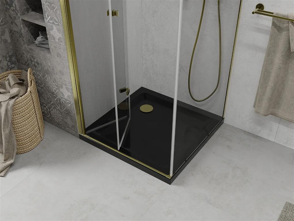 Mexen Lima, sprchový kút so skladacími dverami 80 (dvere) x 80 (stena) cm, 6mm číre sklo, chrómový profil + slim sprchová vanička čierna + zlatý sifón, 856-080-080-50-00-4070G