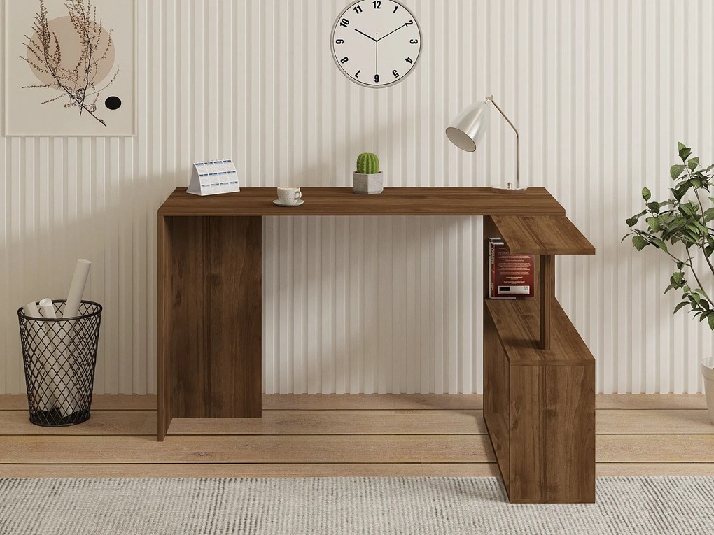 Rohový písací stôl CAYKO s vstavaným regálom orech