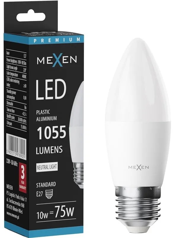 Mexen Nova, LED žiarovka E27, C37, 10W, Neutrálna - 4000K, 1055 lm - L102-E27-1040-01