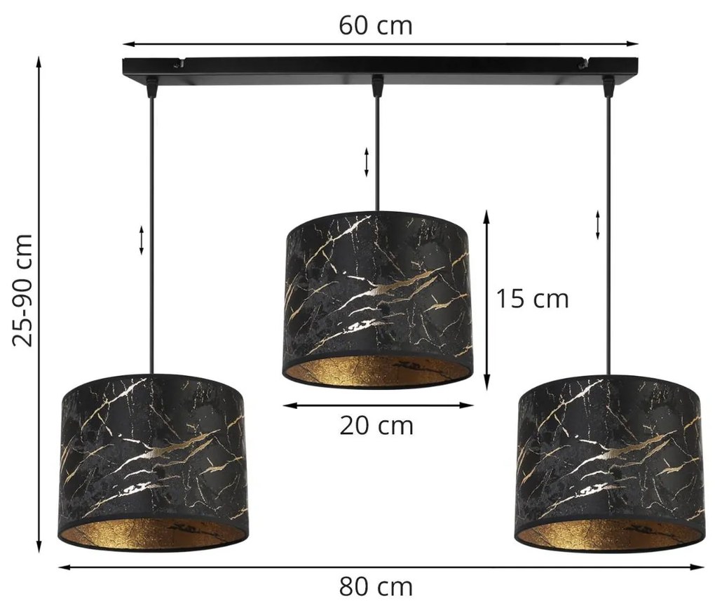 Závesné svietidlo WERONA 3, 3x čierne textilné tienidlo so vzorom, G
