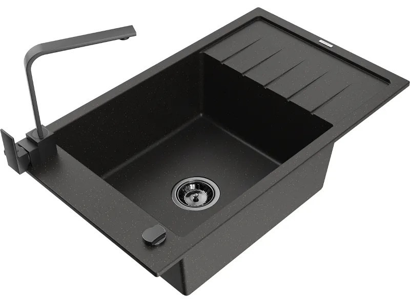 Mexen Elias, granitový drez granitový 795x480x200 mm, 1-komorový, čierna-zlatá metalíza s čiernym sifónom a čierna drezová batéria Rita, 6511-75-670300-70-B