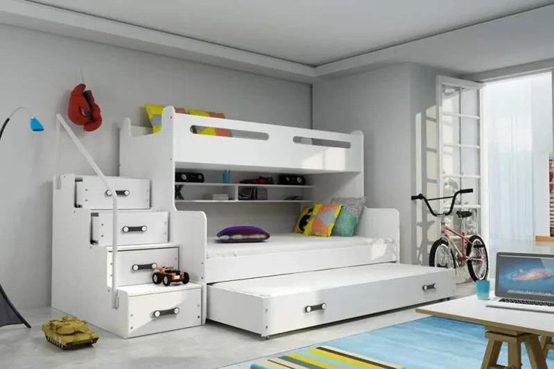 Poschodová posteľ s prístelkou MAX 3 rozšírená 200x120 biela - biela