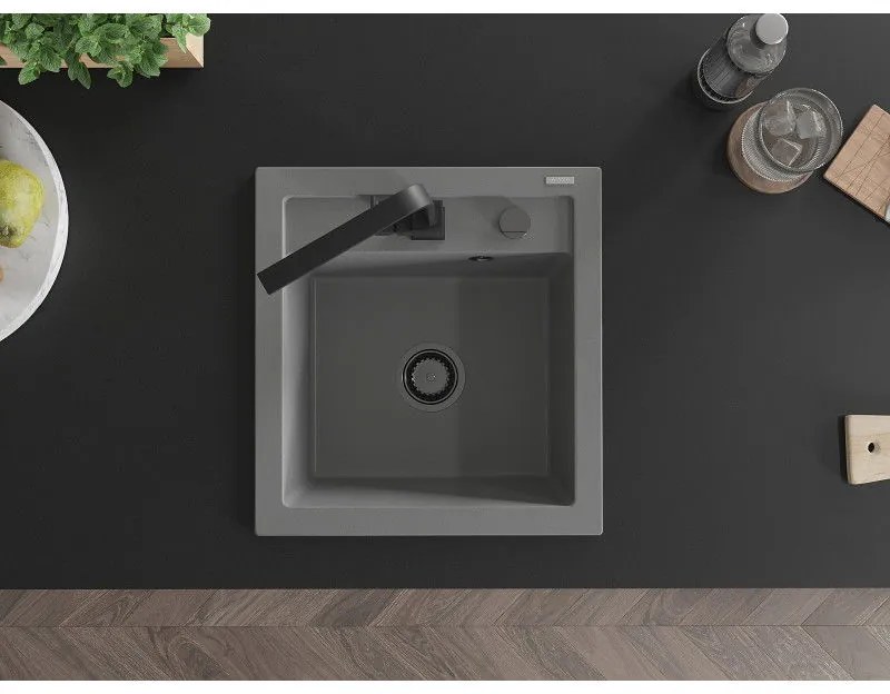 Mexen Vito, 1-komorový granitový drez 520x490x210 mm, čierna batéria Rita, šedá, 6503-71-670300-70-B