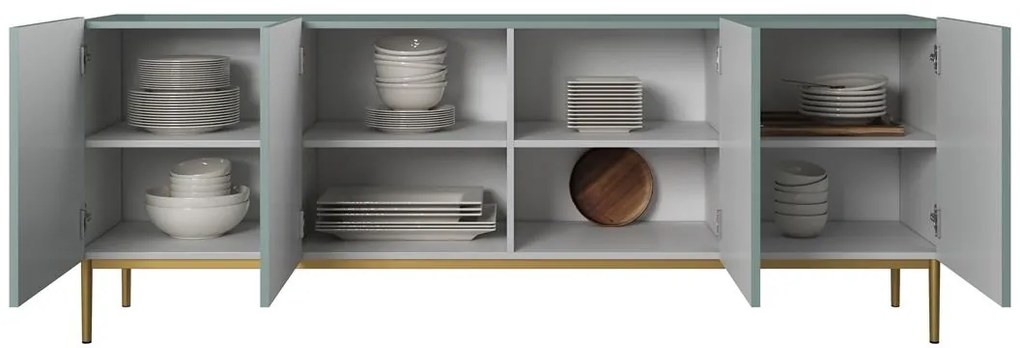 Komoda Nicole 200 cm - šalviová MDF / zlaté nožičky
