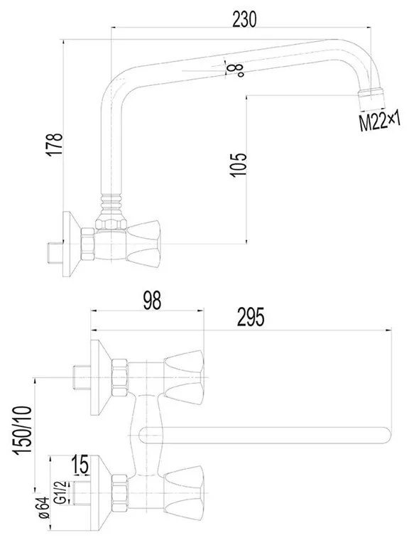 Mereo, Drezová nástenná batéria, Kasia, s U ramienkom rúrkovým o 18 mm - 230 mm, chróm, MER-CBS30104