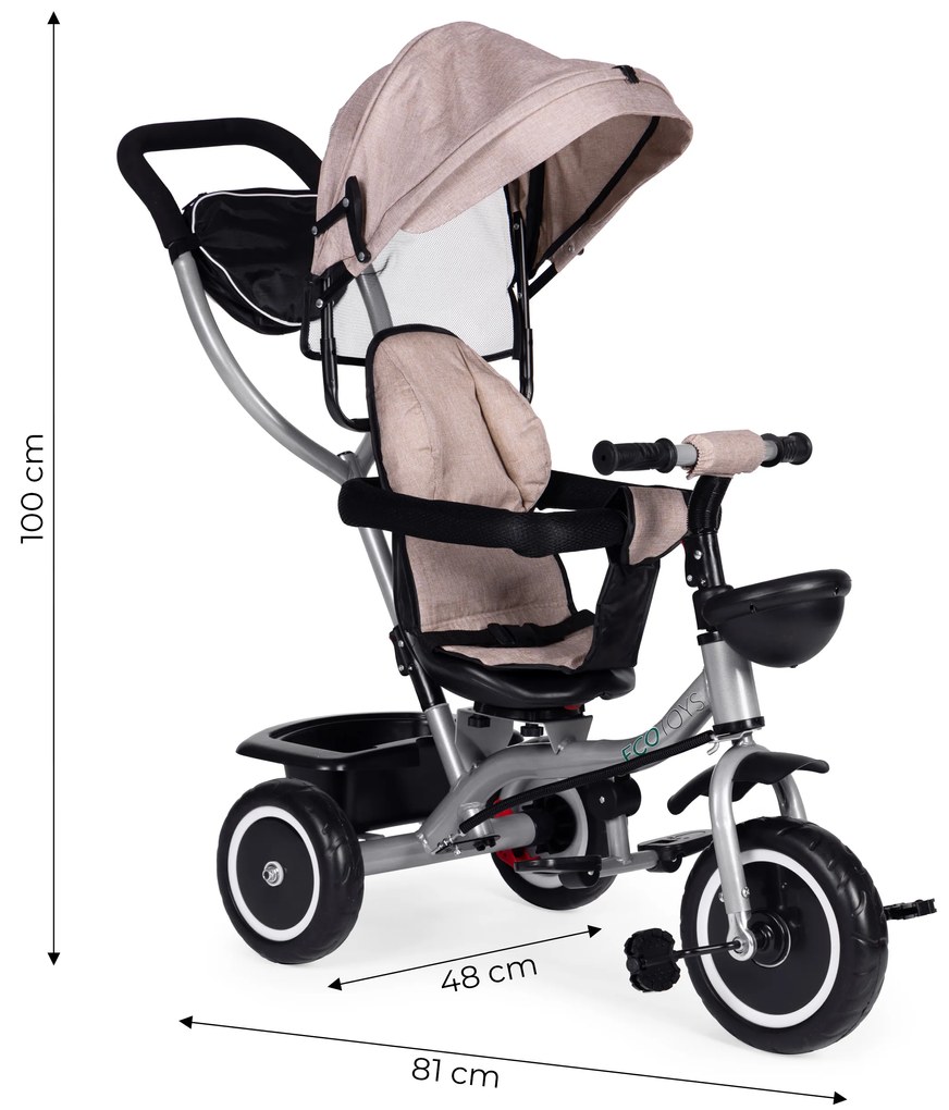 ECOTOYS Trojkolka 2v1 s otočným sedadlom + sklopná strieška - béžová