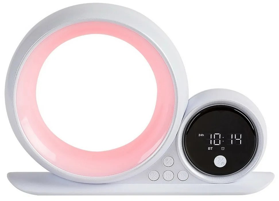Rabalux 76109 dekoratívna stolná lampa Wakeway, s reproduktorom, RGB, hodinami a budíkom