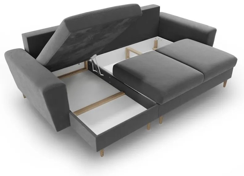 Svetlosivá zamatová rozkladacia/s úložným priestorom rohová pohovka Kyoto – Cosmopolitan Design