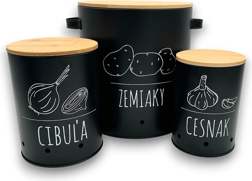 Orion Sada 3 dóz na cibuli, česnek a brambory, plechové s bambusovým víčkem BLACK SK