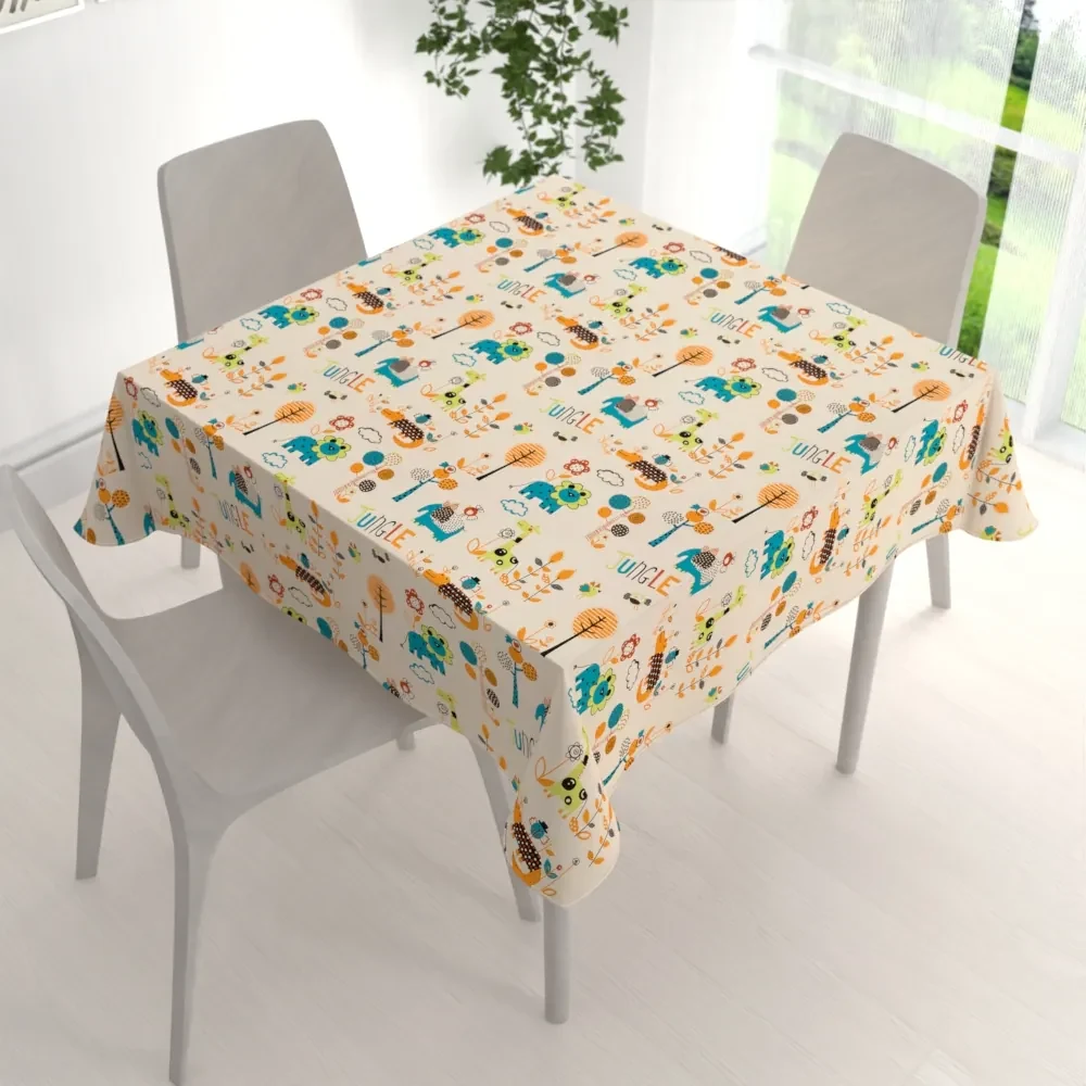 Biante Detský bavlnený štvorcový obrus Sandra SA-008 Tyrkysové a oranžové zvieratká z džungle 100x100 cm