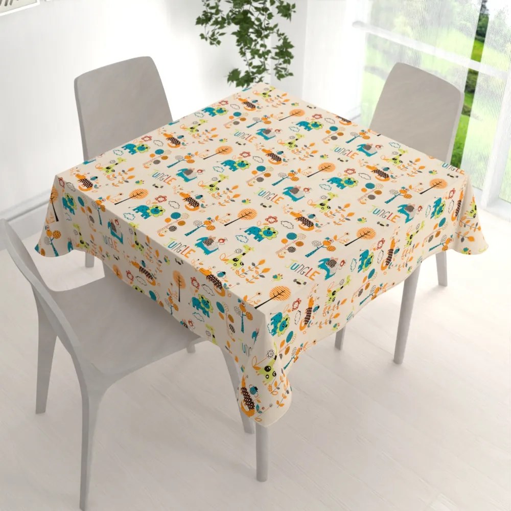 Biante Detský bavlnený štvorcový obrus Sandra SA-008 Tyrkysové a oranžové zvieratká z džungle 80x80 cm