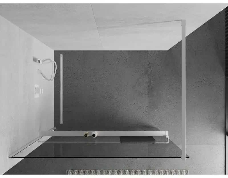 Mexen Kioto+, sprchová zástena Walk-In s poličkou a vešiakom 130 x 200 cm, 8mm číre sklo, biely profil, 800-130-121-20-00