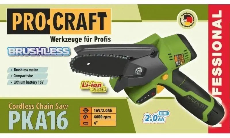AKU píla reťazová 10,0 cm - Procraft PKA16; 16 V (2x batéria 2,0 Ah + nabíjačka)