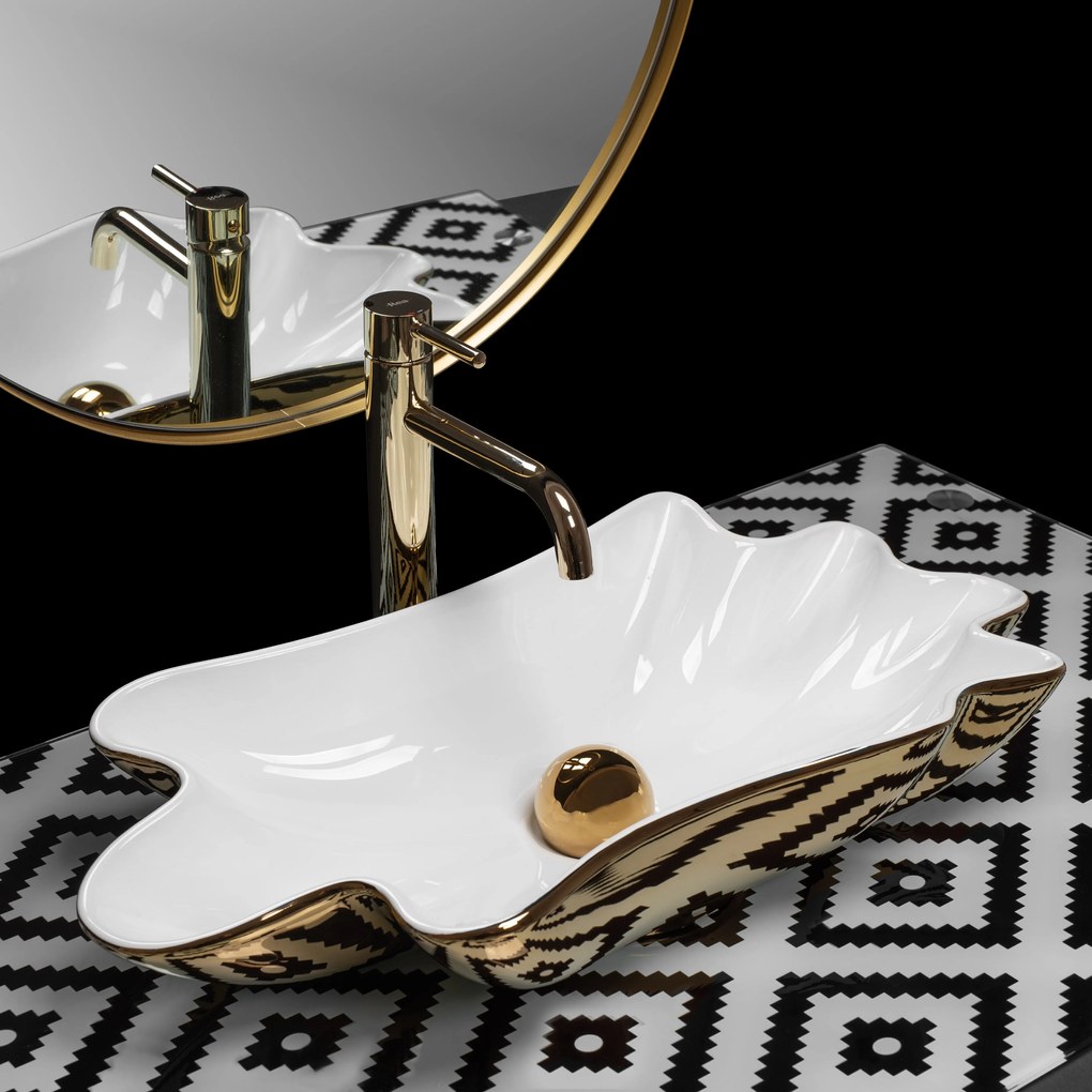 Rea Infinity, umývadlo na dosku 620x330x115 mm + odtoková zátka Click-Clack, biela-zlatá lesklá, REA-U3400