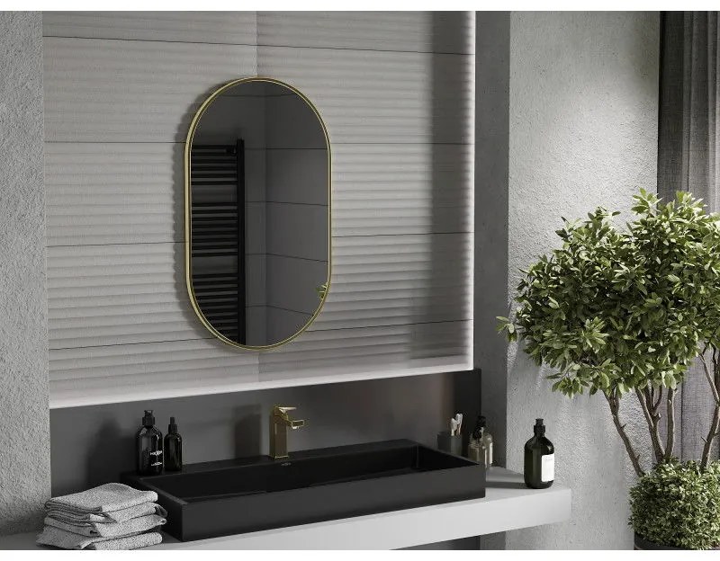 Mexen Loft, oválne kúpeľňové zrkadlo 85 x 50 cm, farba rámu zlatá lesklá, 9851-085-050-000-50