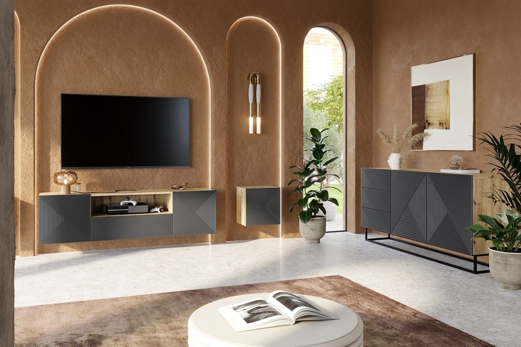 Závesný TV stolík Asha 167 cm s otvorenou policou - artisan / rivier stone mat
