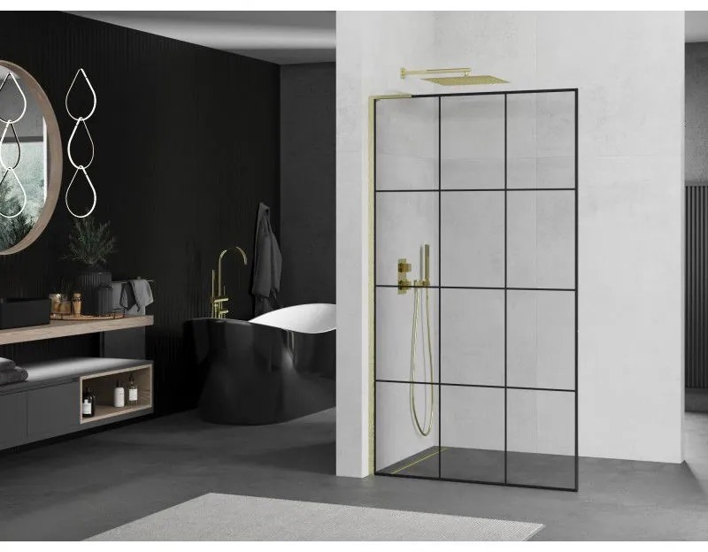 Mexen Kioto L, sprchová zástena Walk-In 100 x 200 cm, 8mm číre sklo čierny vzor, zlatý matný profil, 800-100-103-55-77
