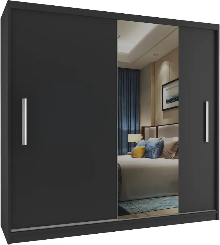 Čierna skriňa s posuvnými dverami a úzkym zrkadlom 200 cm - Bez dojezdu