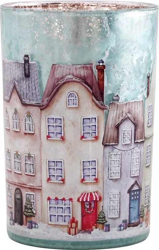 Modrý sklenený svietnik dedinka domčeky Village L - Ø 12*18 cm