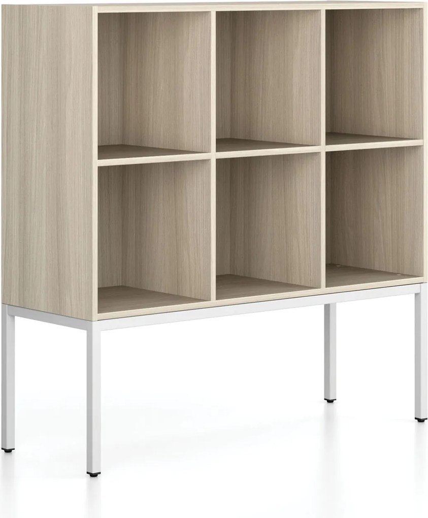 Regál FRAME, nízky, s bielou podnožou, 1299 x 450 x 1331 mm, dub prírodný