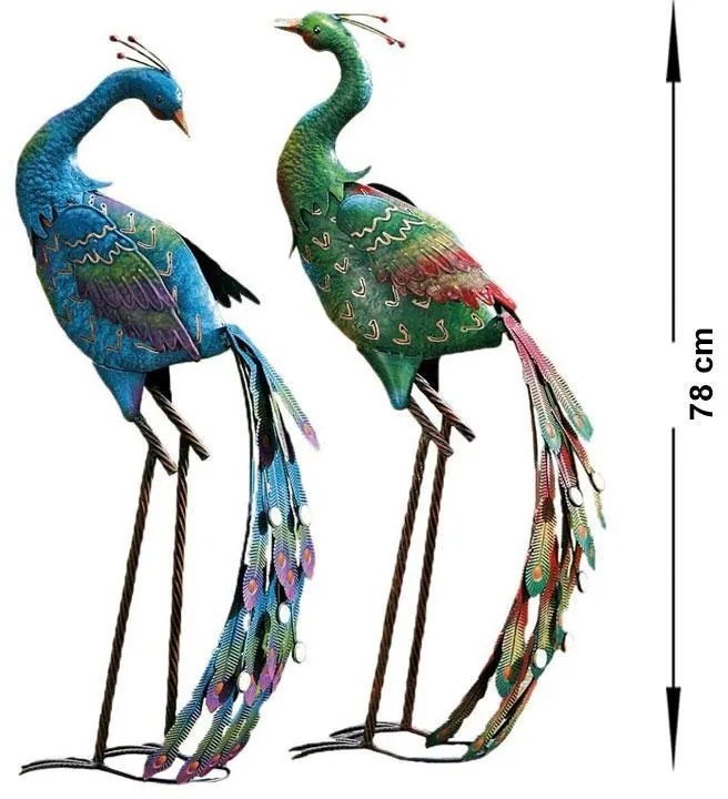Záhradná kovová figúrka Peafowl Duo, 78 cm, zelená/modrá