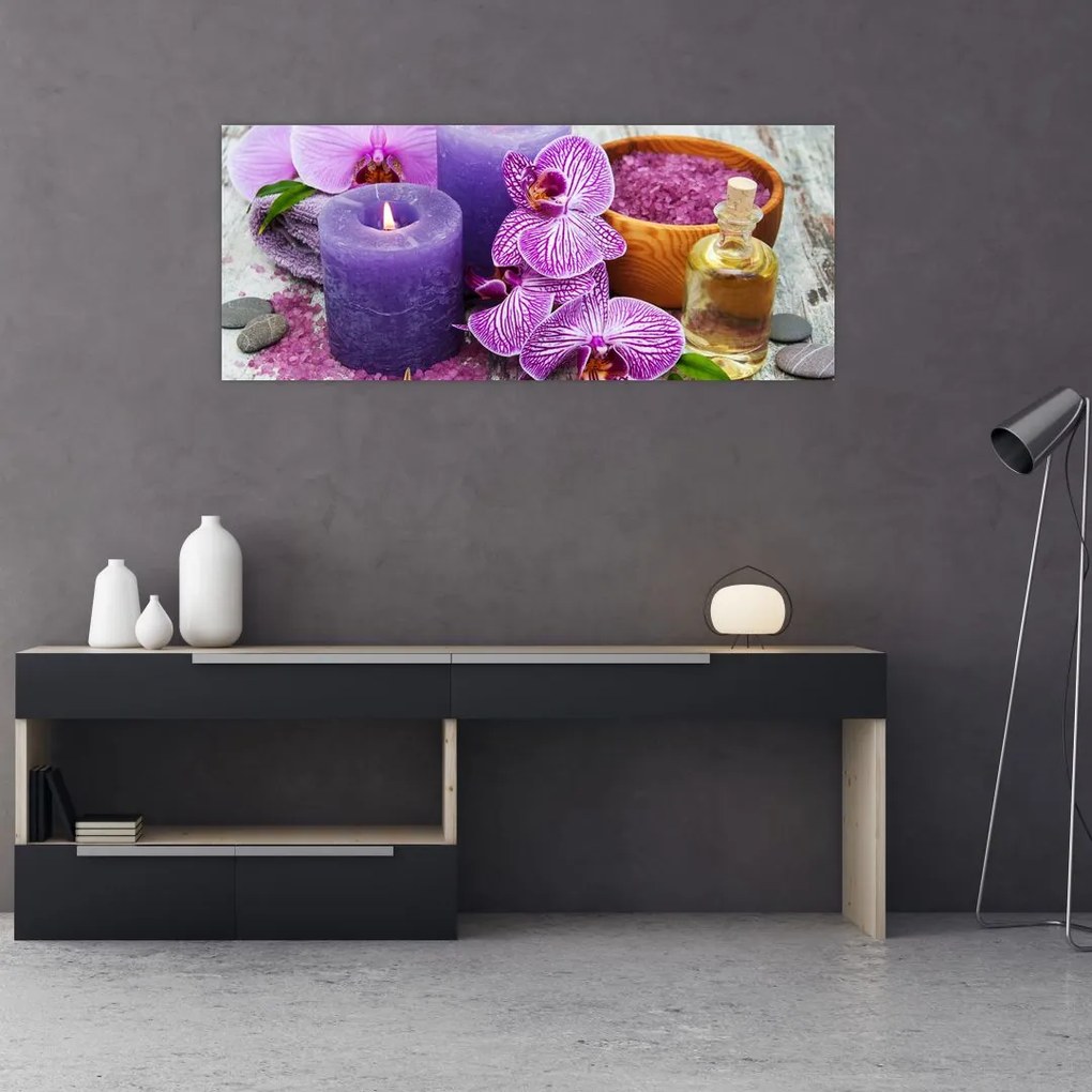 Obraz orchideí a sviečok (120x50 cm)