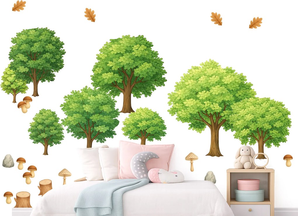 Súbor listnatých stromov textilní prelepiteľné nálepky na stenu hárok 75 x 60 cm