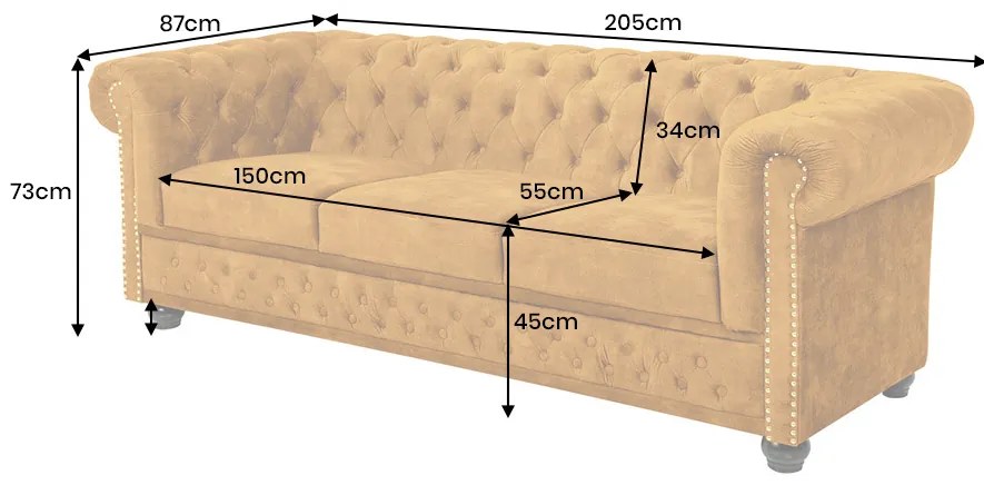 Dizajnová trojsedačka Chesterfield 205 cm horčicový zamat