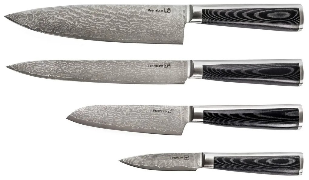 G21 Damascus Premium sada nožov v bambusovombloku, 4 ks + brúsny kameň