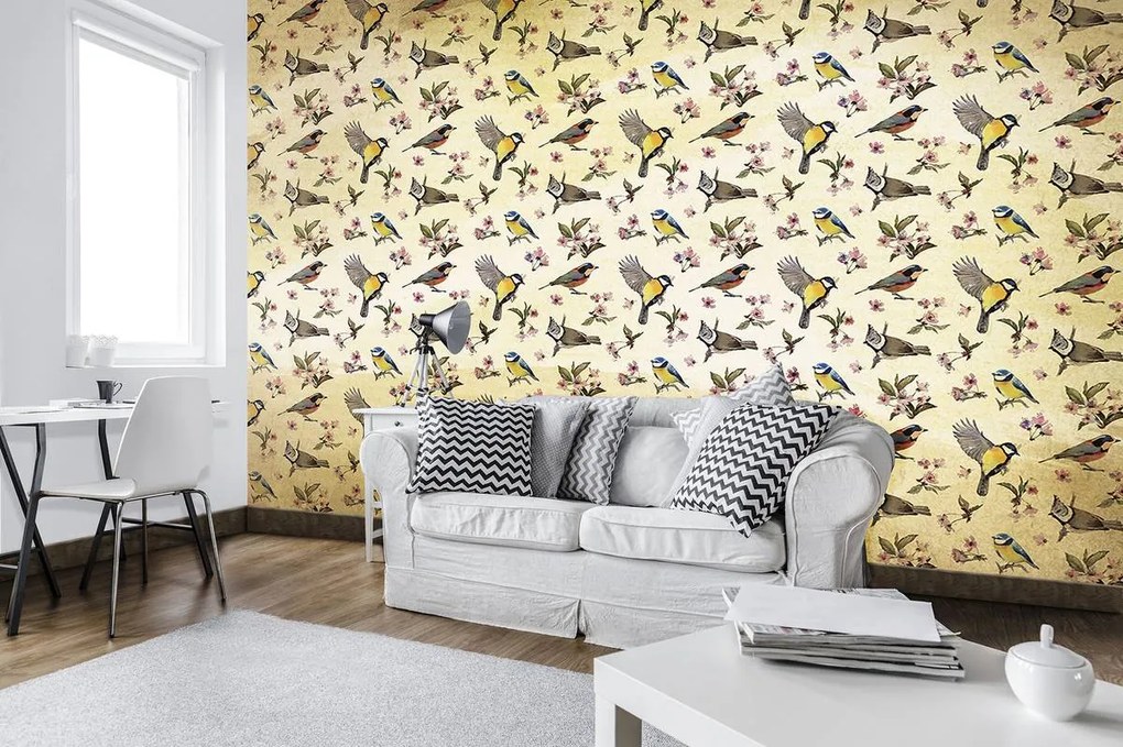 Fototapeta - Vtáčiky a kvetinový vzor (152,5x104 cm)