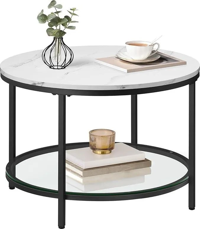 Konferenčný stolík so sklenenou doskou a veľkým úložným priestorom, mramorovo biely a atramentovo čierny