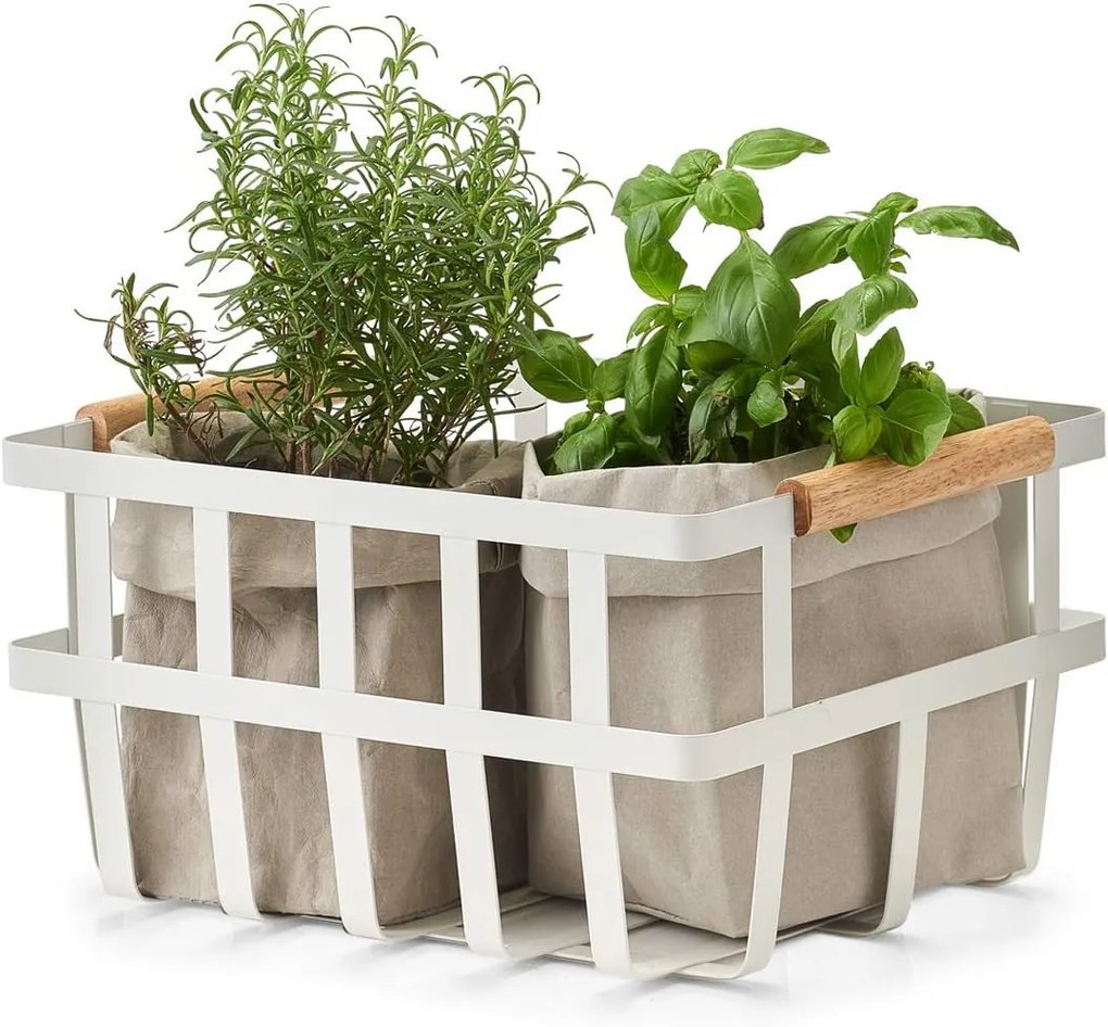 2. akosť - Kovový kôš, s drevenými madlami, biely, zosilnený plochý drôt CORBEL, 25x32x17 (chýbajú drevené madlá)