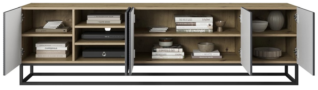 TV stolík Asha 200 cm na čiernom podstavci - artisan / rivier stone mat