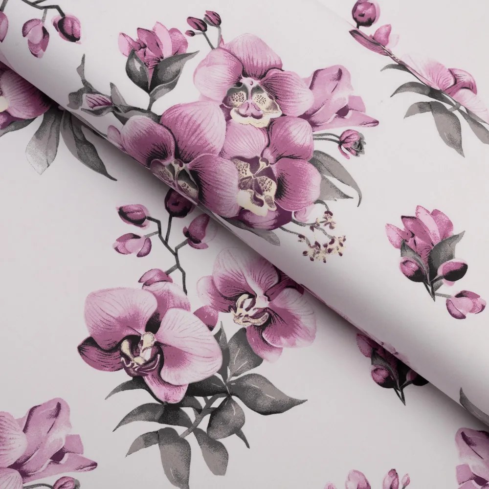 Biante Bavlnený behúň na stôl Sandra SA-623 Lila orchidey na bielom 20x120 cm
