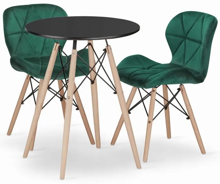 Jedálenská zostava TODI 60cm okrúhly stolový set čierny + 2 stoličky LAGO zelené
