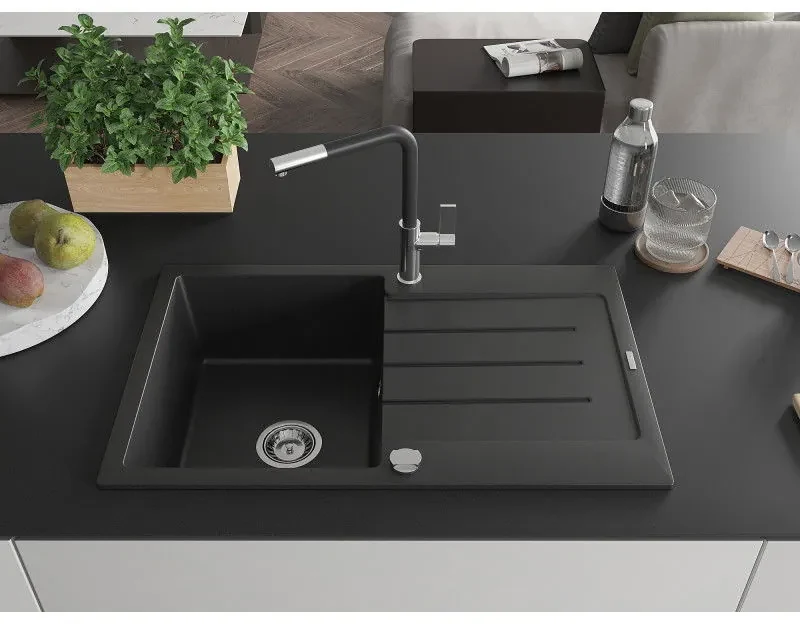 Mexen Bruno, 1-komorový granitový drez 795x495x200 mm a drezová batéria Flora, čierna, 6513-77-670401-07