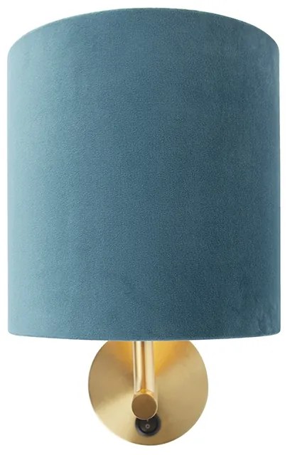 Elegantná nástenná lampa zlatá s modrým zamatovým tienidlom - Matt