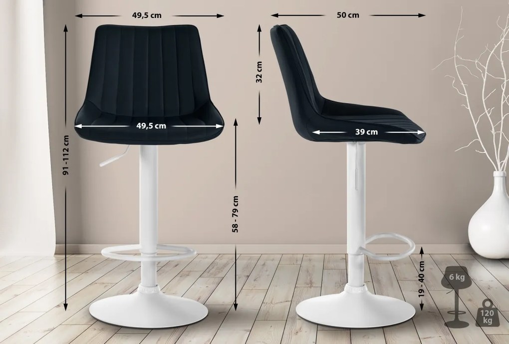 2x Barová stolička Toni - koženka, biely rám - Čierna