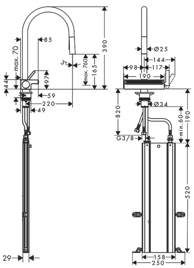 Hansgrohe Aquno Select M81, páková kuchynská batéria 170, vyťahovateľná sprška, 3jet, sBox, chrómová, HAN-73831000