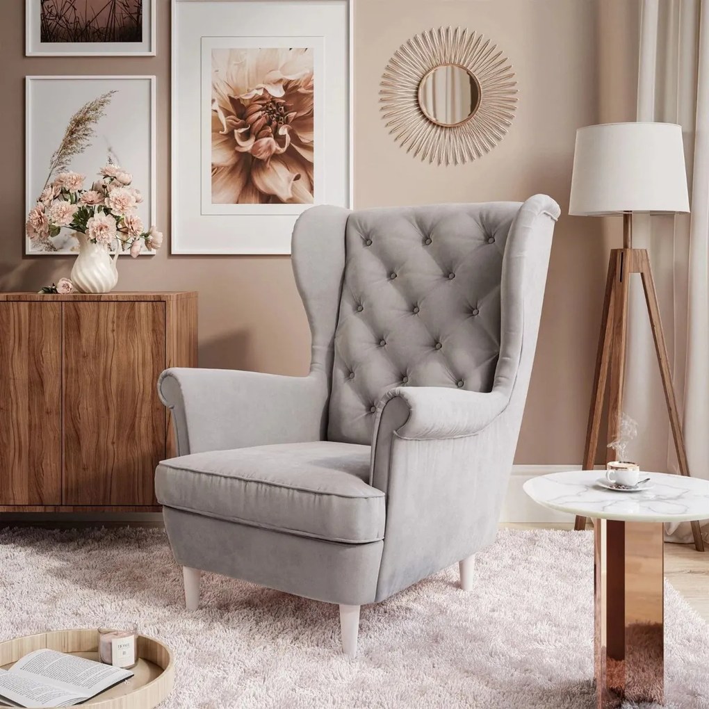 KRESLO UŠIAK BRUNO CHESTERFIELD BIELE ROVNÉ NOHY