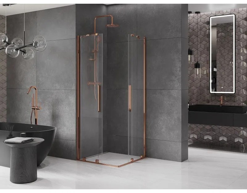 Mexen Velar Duo, sprchový kút s posuvnými dverami 90(dvere) x 90(dvere) cm, 8mm číre sklo, ružové zlato profil, 871-090-090-02-60