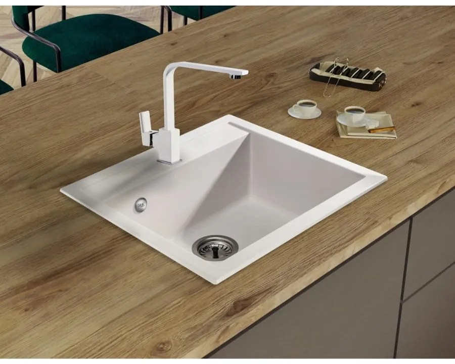 Sink Quality Ferrum, kuchynský granitový drez 565x510x205 mm + zlatý sifón, biela, SKQ-FER.W.1K60.XG