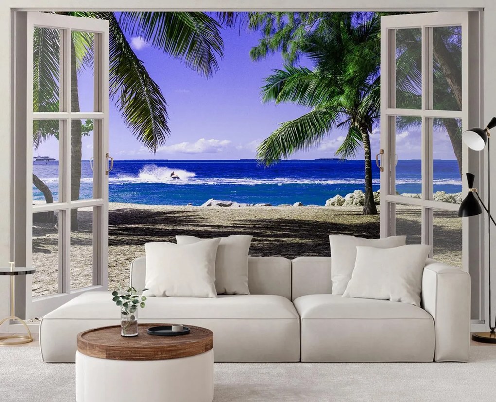 Gario Fototapeta Okno s výhľadom na tropickú pláž Materiál: Vliesová, Rozmery: 140 x 100 cm