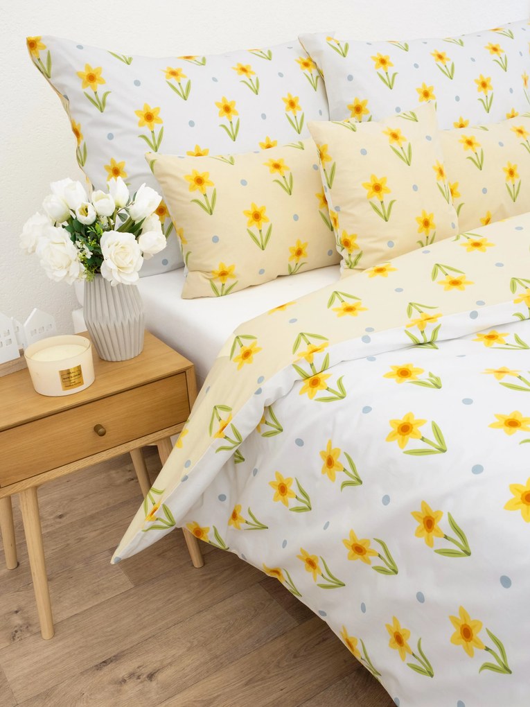 Francúzske bavlnené obliečky Renforcé - Narcis bieložlté