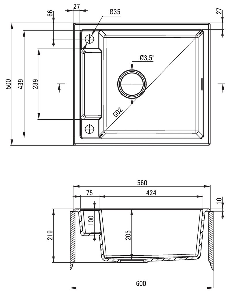 Deante Magnetic, granitový drez na dosku 560x500x219 mm, 3,5" + priestorovo úsporný sifón, 1-komorový, biela, ZRM_A103